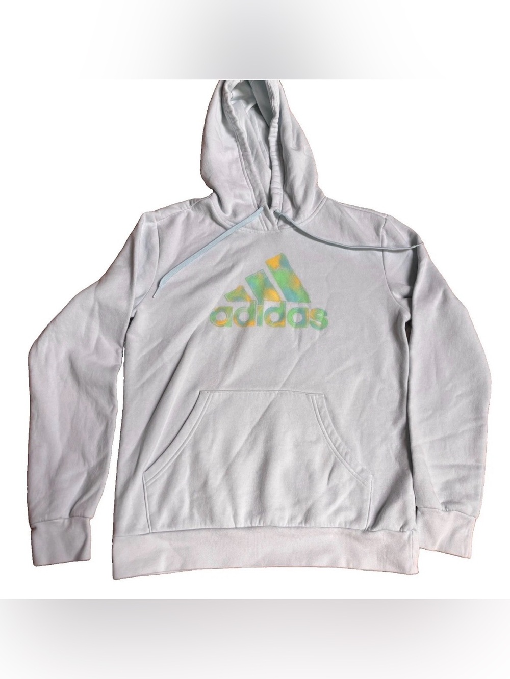Adidas Light Blue Fleece Lined Hoodie Sweatshirt Two Tone Logo Women’s Small